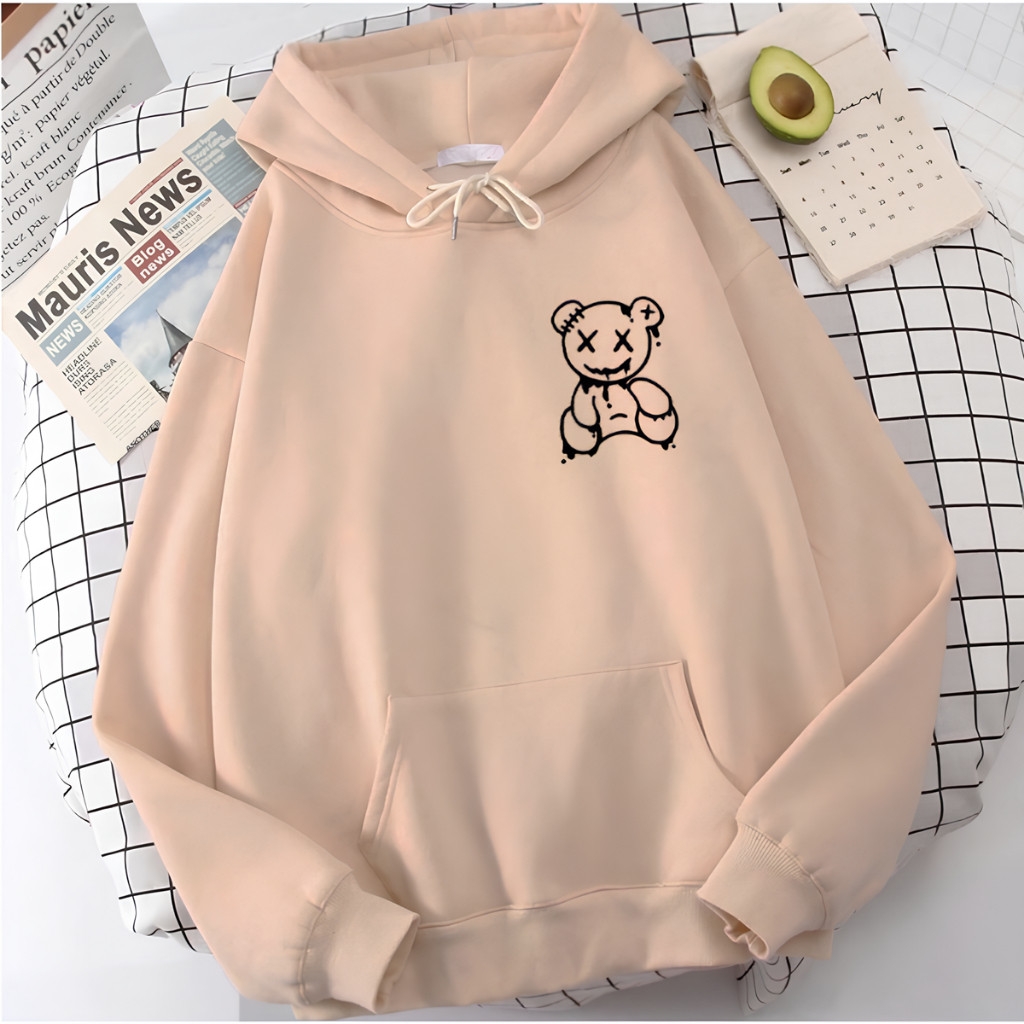 Blusa Moletom Capuz Canguru Algodão Estampado Casual Unissex Promoção Quentinho Frio Bege Urso FSH