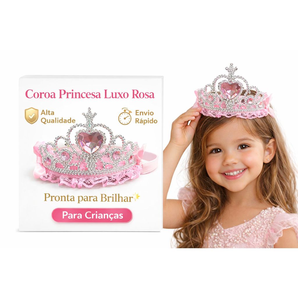 Coroa Princesa Rosa prata Infantil com Strass e Coração | Tiara Luxo para Fantasia e Festa
