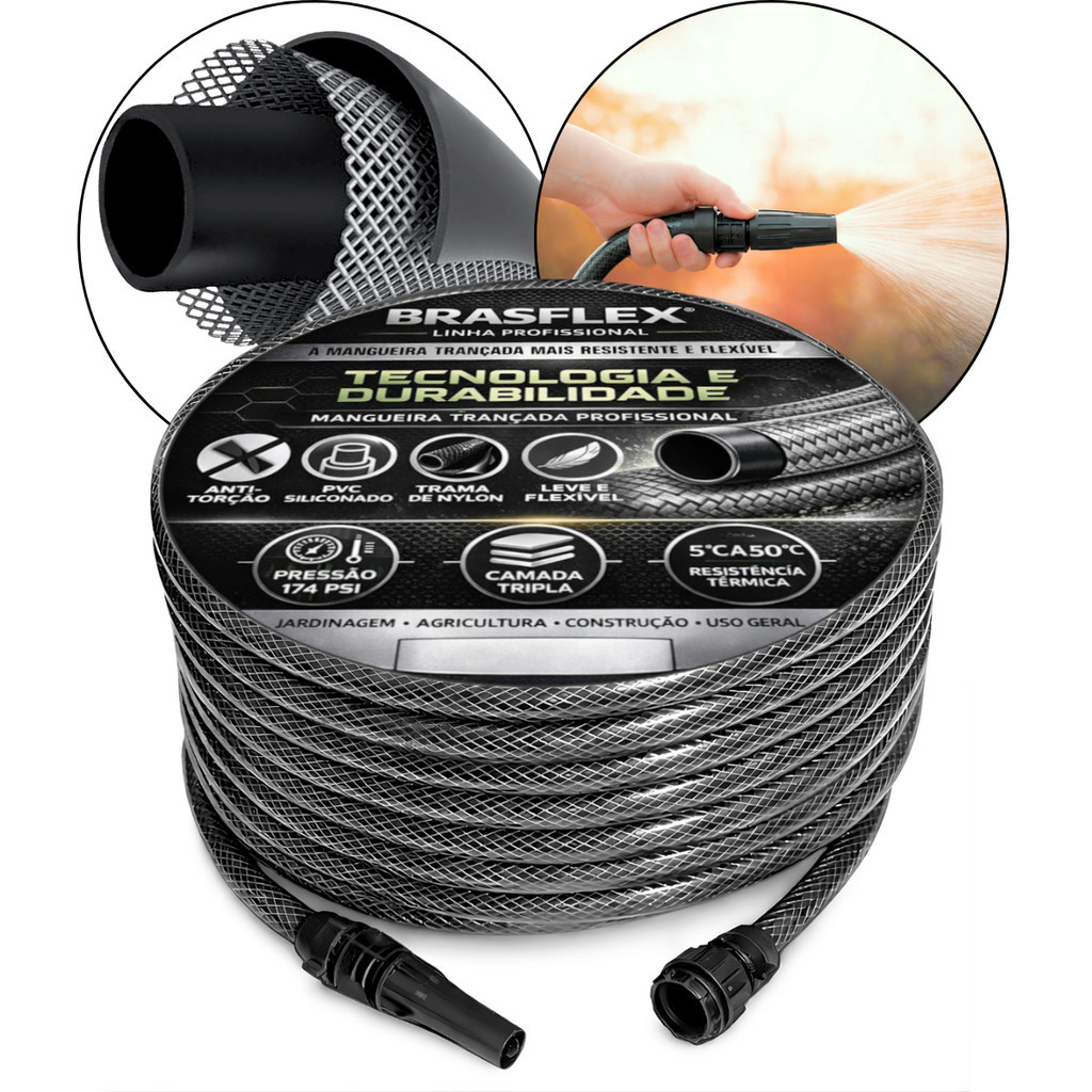 Mangueira Para Irrigação BrasFlex 30 Metros Resistente Cinza Profissional