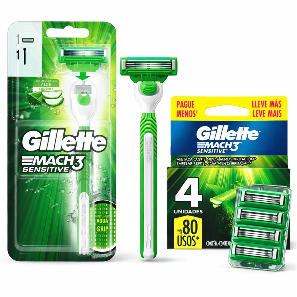 Gillette Mach3 Sensitive Kit Aparelho + Refil 4 Cargas Original