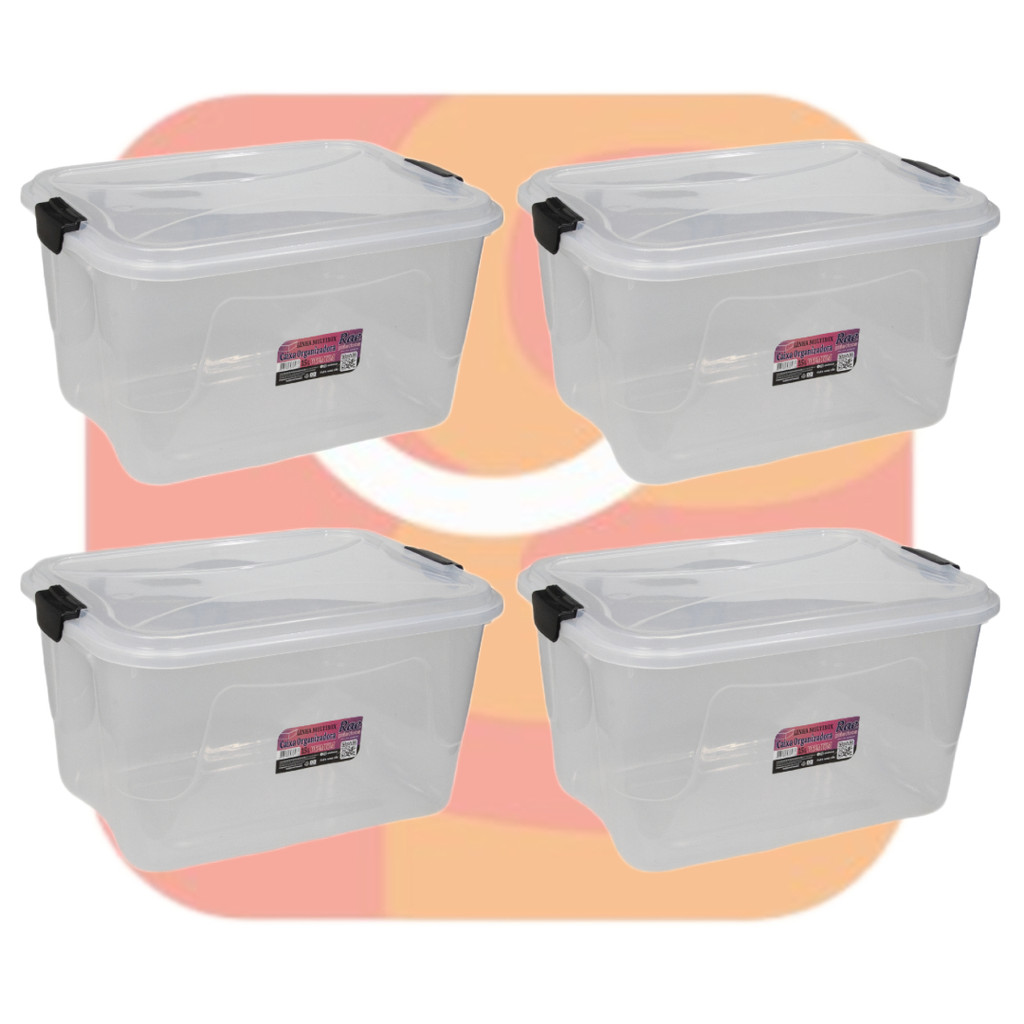 Kit 4 Caixa Organizadora Transparente Multibox 15L Com Tampa E Trava Resistente