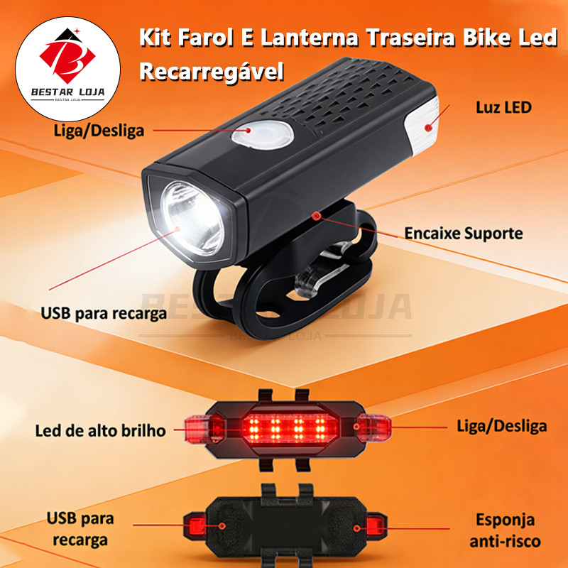 BESTAR LOJA  Kit Farol E Lanterna Traseira Bike Led Recarregável Usb 400 Lúmens Prova Dágua Segurança Bicicleta