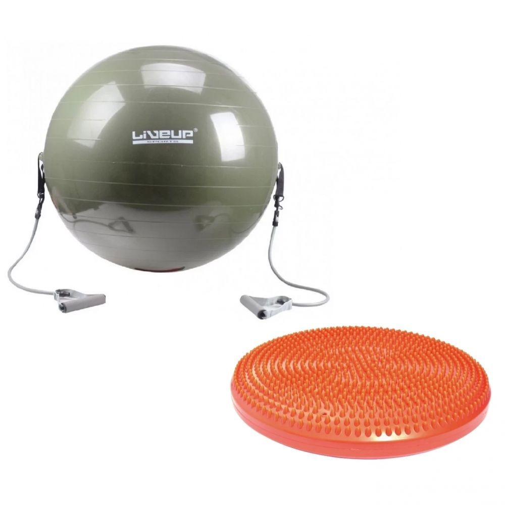 Kit Bola 65cm com Extensor + Disco de Equilíbrio Treino Ginástica Fitness