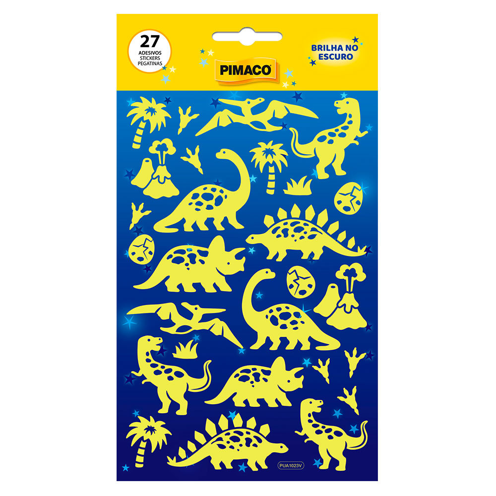 Etiqueta adesiva decorativa brilha no escuro Dino 27 unidades Pimaco