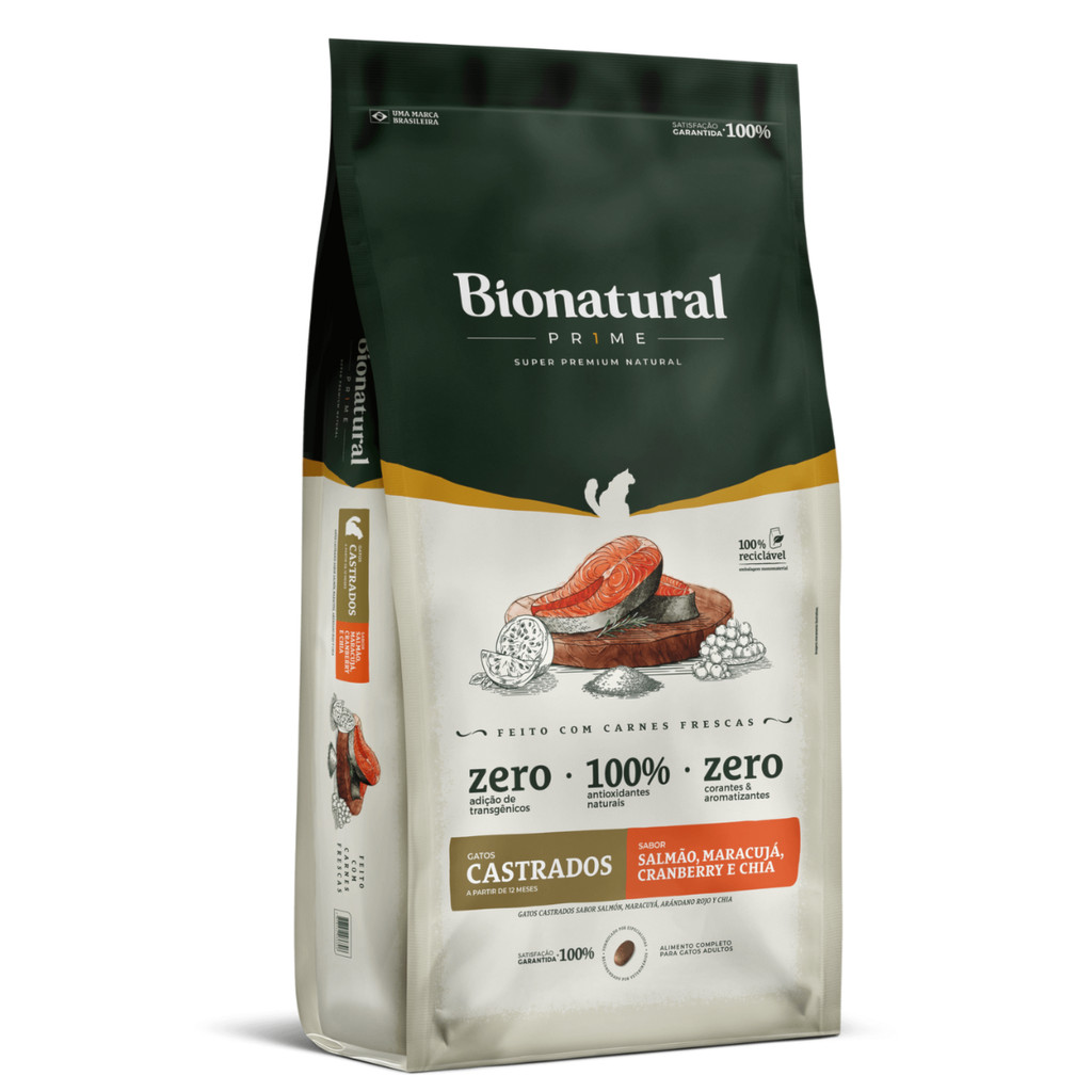Ração Bionatural Prime Gatos Adultos Castrados 1,5 kg Salmão, Maracujá, Cranberry e Chia