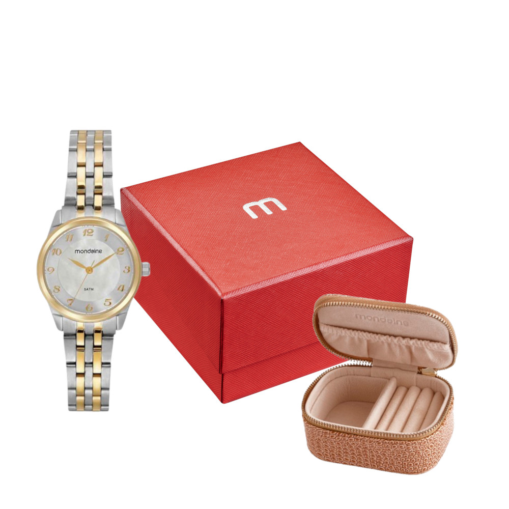 Relogio Mondaine Feminino pequeno dourado prata bicolor misto numeros kit porta joia prova dagua 32804LPMKBE3K1 original