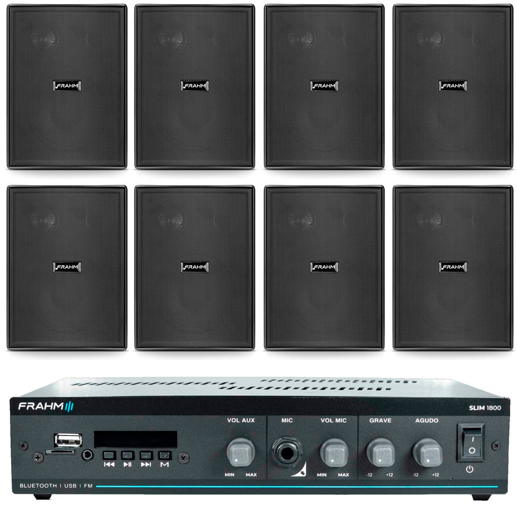 Kit Sonorização Ambiente Slim 1800 Bluetooth+ 8 Caixas Frahm Preta