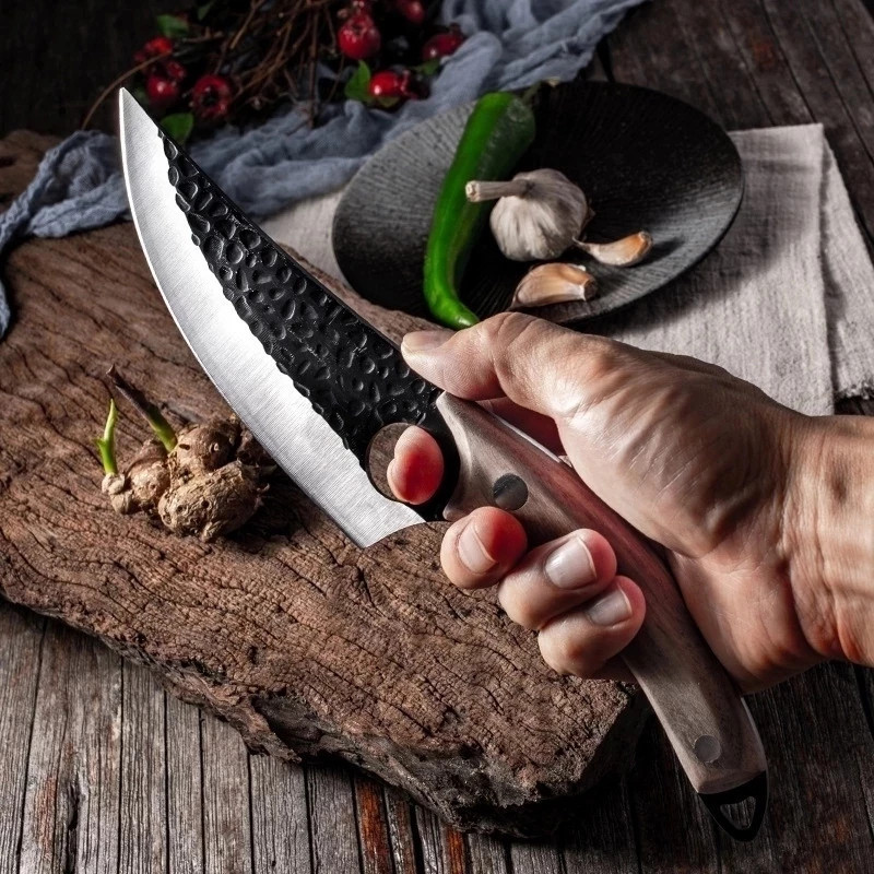 Faca artesanal inox afiada tabua madeira bainha churrasco cozinha corte presente de achadinhos