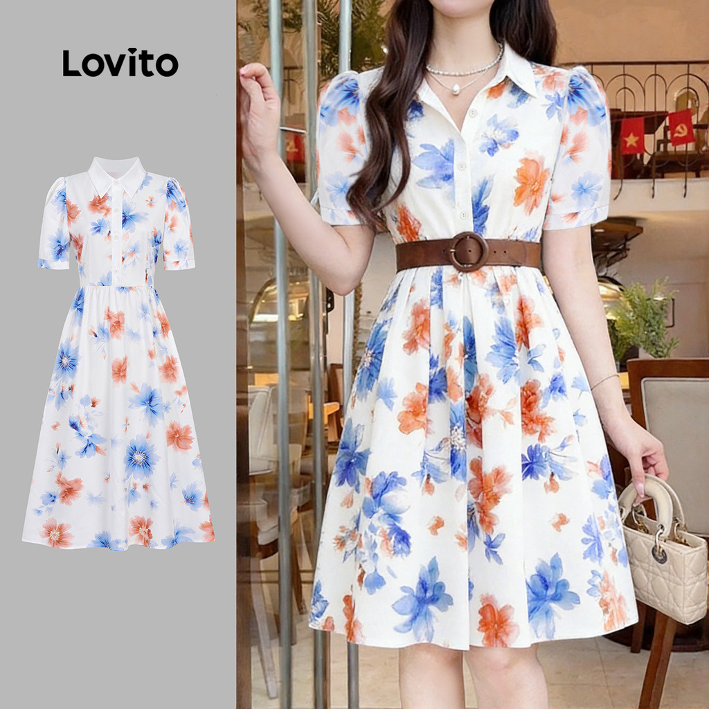 Lovito Vestido Casual Feminino de Verão com Botões Frontais e Estampa floral L34LDR083 em Oferta na Shopee