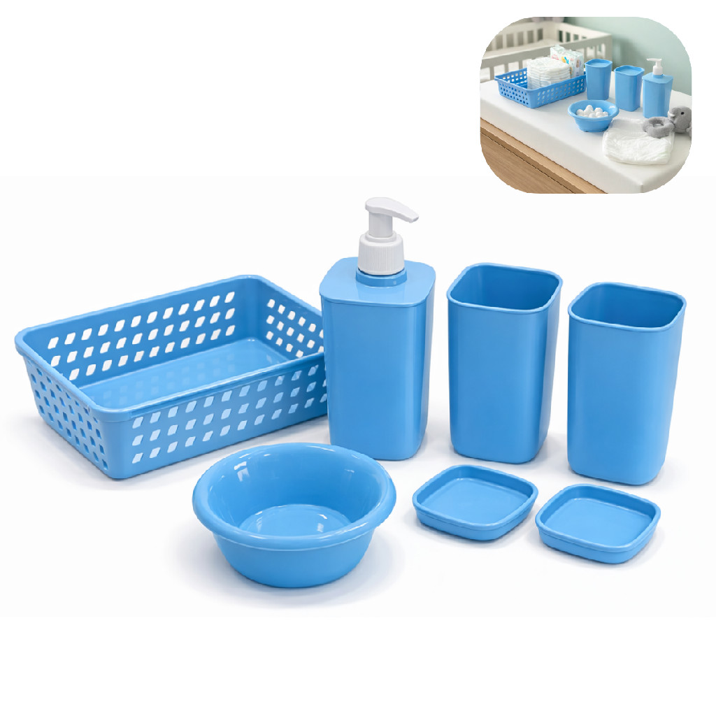 Kit Higiene Infantil Azul Completo Banho Troca Enxoval Quarto Bebê Porta Algodão Cotonete Saboneteira Cesto Organizador