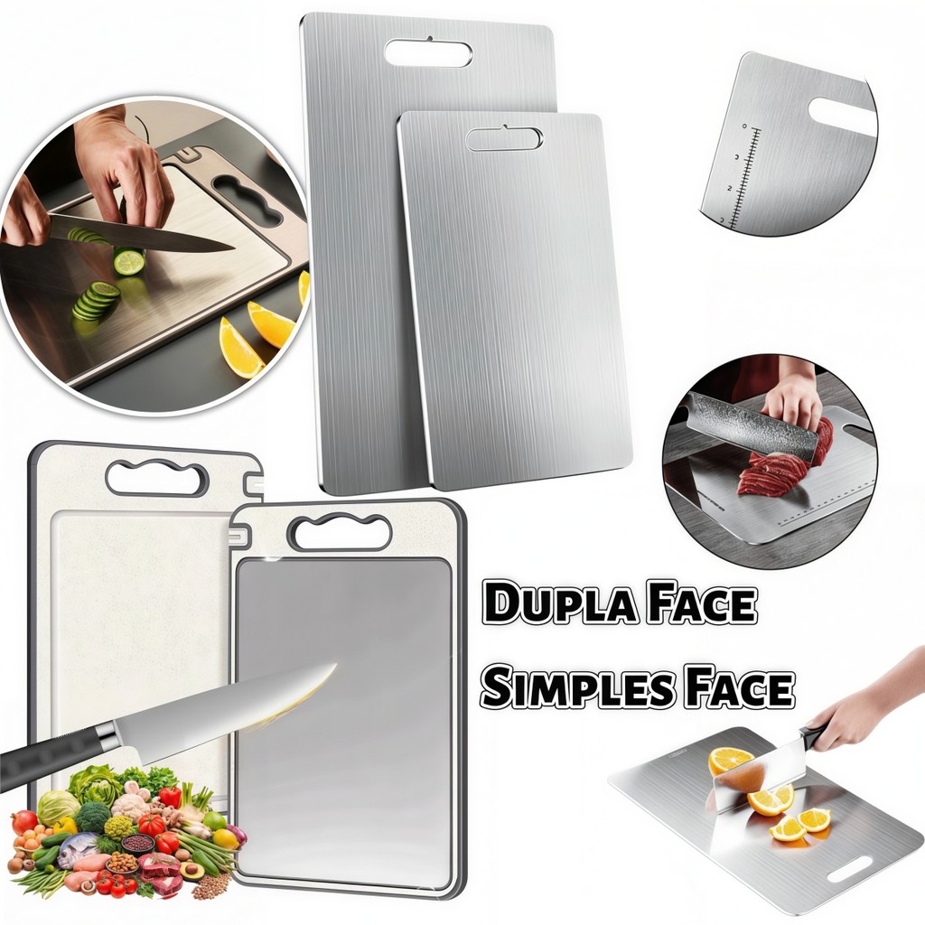 🥩 Tábua de Corte Dupla Face em Aço Inox e PP Higiênica com Afiador e Alça para Carne e Legumes em Oferta na Shopee