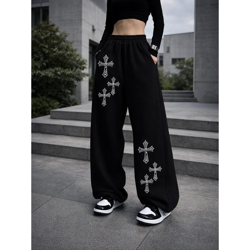 Wed Leg Calça Baggy Moletom Estilo Streetwear Estampada Cruz Y2k Gótica Largona Feminina Despojada Unissex Tendência Y2k