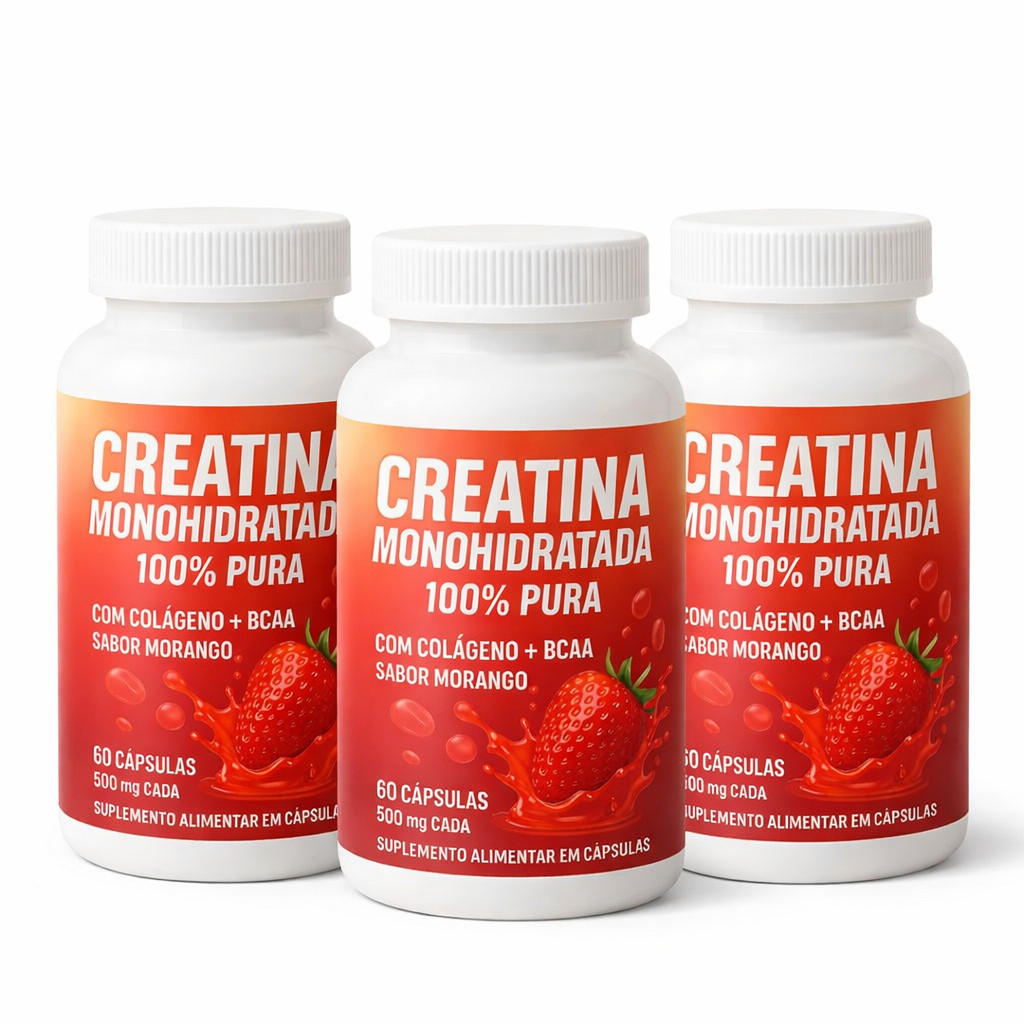 Kit 3 Creatina Feminina com Colágeno e BCAA - Sabor Morango - Ganho de Glúteos, Massa Muscular e Definição