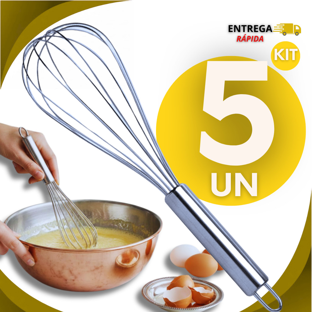Kit 05 Peças Batedor De Ovos Bate Claras Creme Fouet Fue Aço Inox 24cm Casa Cozinha Utilidades