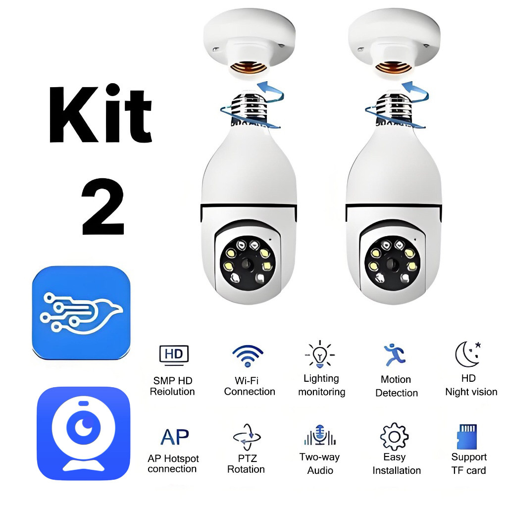Kit 2 Câmera De Segurança Lâmpada Externa Infravermelha À Prova D'água 360 Wifi Sem Fio 2.4G E27
