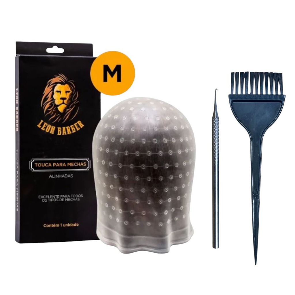 Kit Touca para Reflexo M + Pincel Grande + Agulha para Luzes Mechas Reflexo Leon Barber