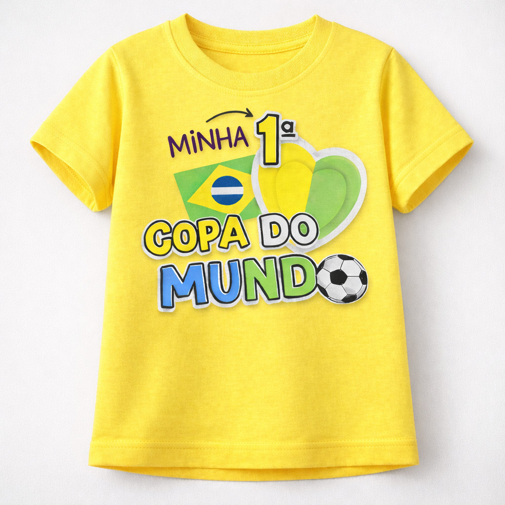 Camiseta Infantil Minha 1ª Copa do Mundo Brasil Camisa Bebê Copa Futebol Torcedor