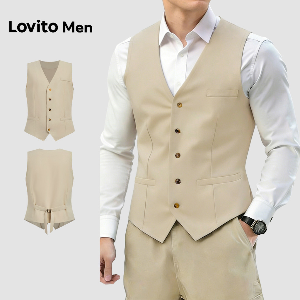 Lovito Men  Colete Casual com Botão No Bolso Estrutura de Linha Primavera/verão Colete Khaki Claro para Homens L187ED110