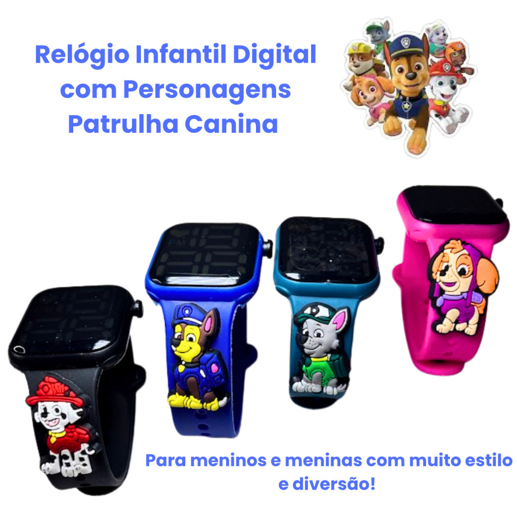 Relógio Digital Infantil Patrulha Canina Cachorro Skye Chase Marshall Menina Menino