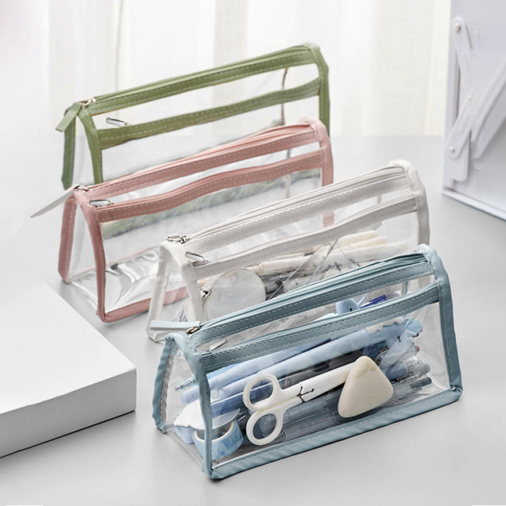 Estojo transparente de grande capacidade, estojo de maquiagem simples e fofo, bolsa de material escolar.