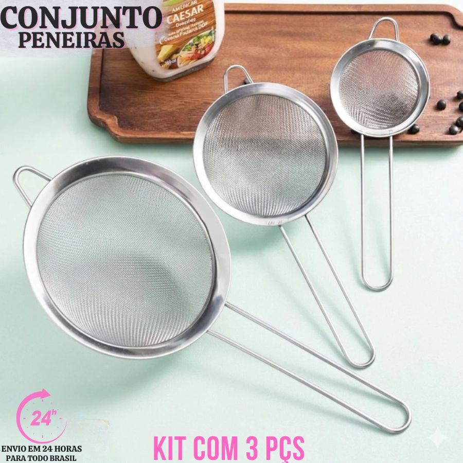 Peneira Inoxidável com 3 Peças 8, 10, 12  Peneira Coador Em Aço Inox Para Cozinha