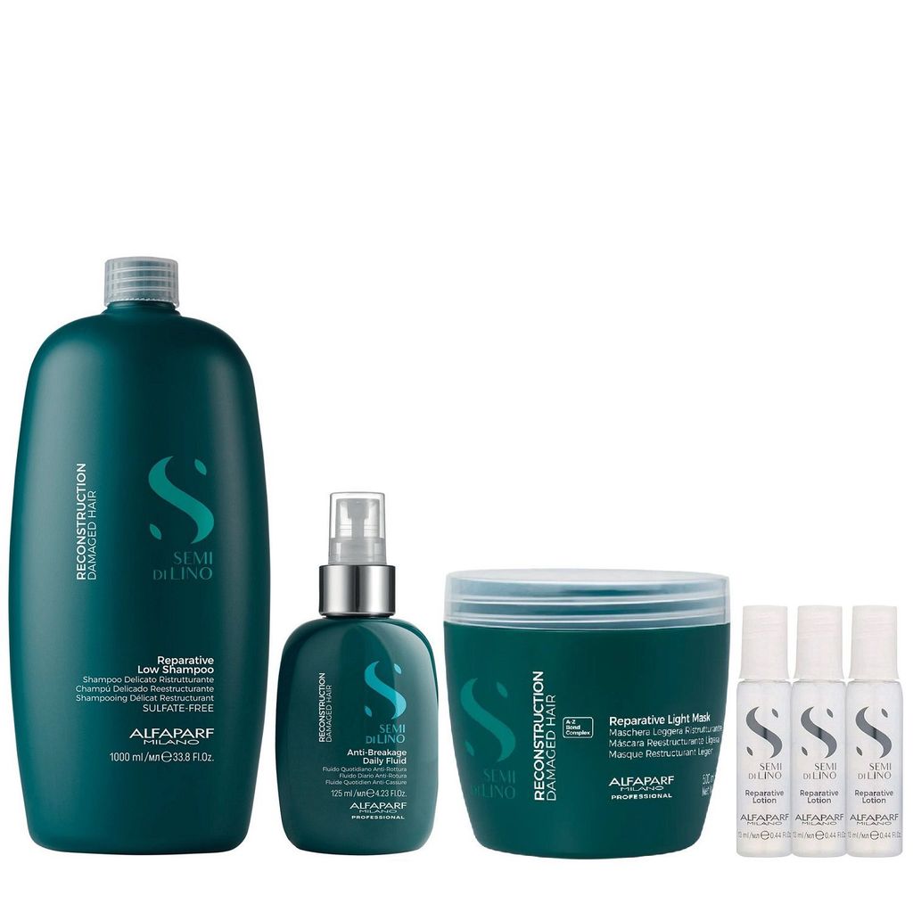 Kit Alfaparf Semi Di Lino Reconstruction - Shampoo 1L + Máscara Suave 500ml + Fluído 125ml + 3x Ampola 13ml
