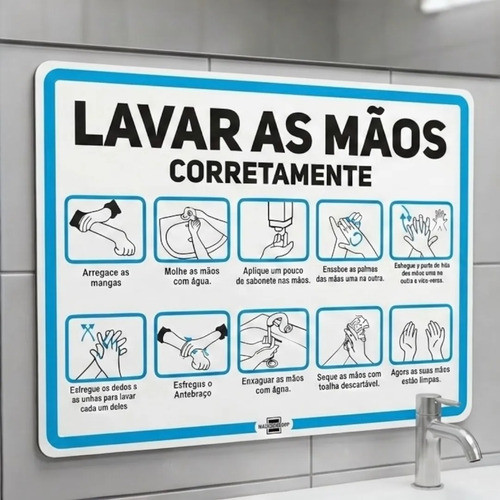 Placa Lavar As Mãos Corretamente 20x15 Cm Pvc 2mm Adesivado