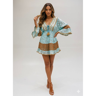 Vestido Curto Boho Chic Estampado com Manga Flare PLK-9001 em Oferta na Shopee