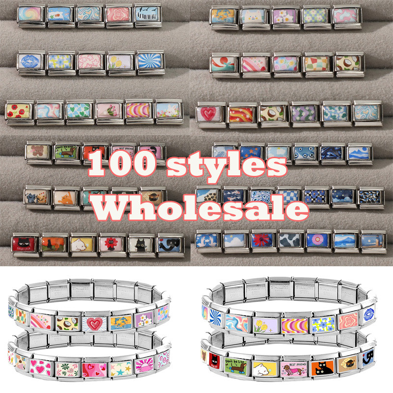 Wholesale Colorful Eyes Hand Flower Cat Italian Charms Fit 9mm Stainless Steel Women Fashion Bracelet DIY Jewelry Gift