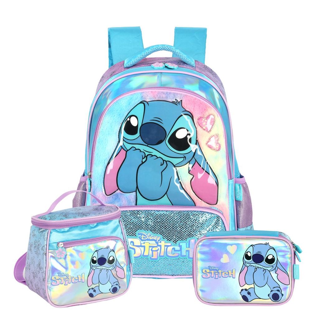 Kit Mochila Stitch Costas Holográfico Lancheira E Estojo Box em Oferta na Shopee