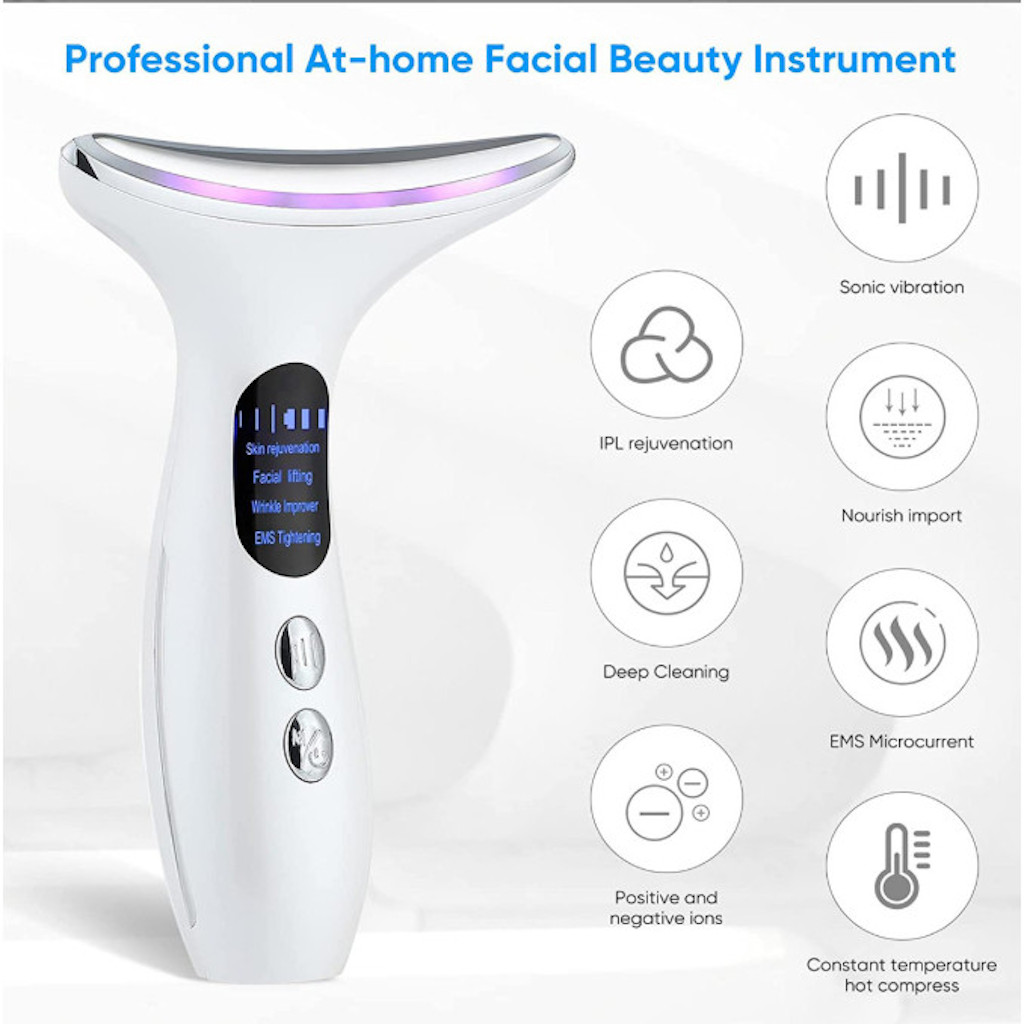 Massageador Facial e Cervical LED 3 em 1 – Vibração, Fototerapia, Lifting e Anti-Rugas Rejuvenescedor