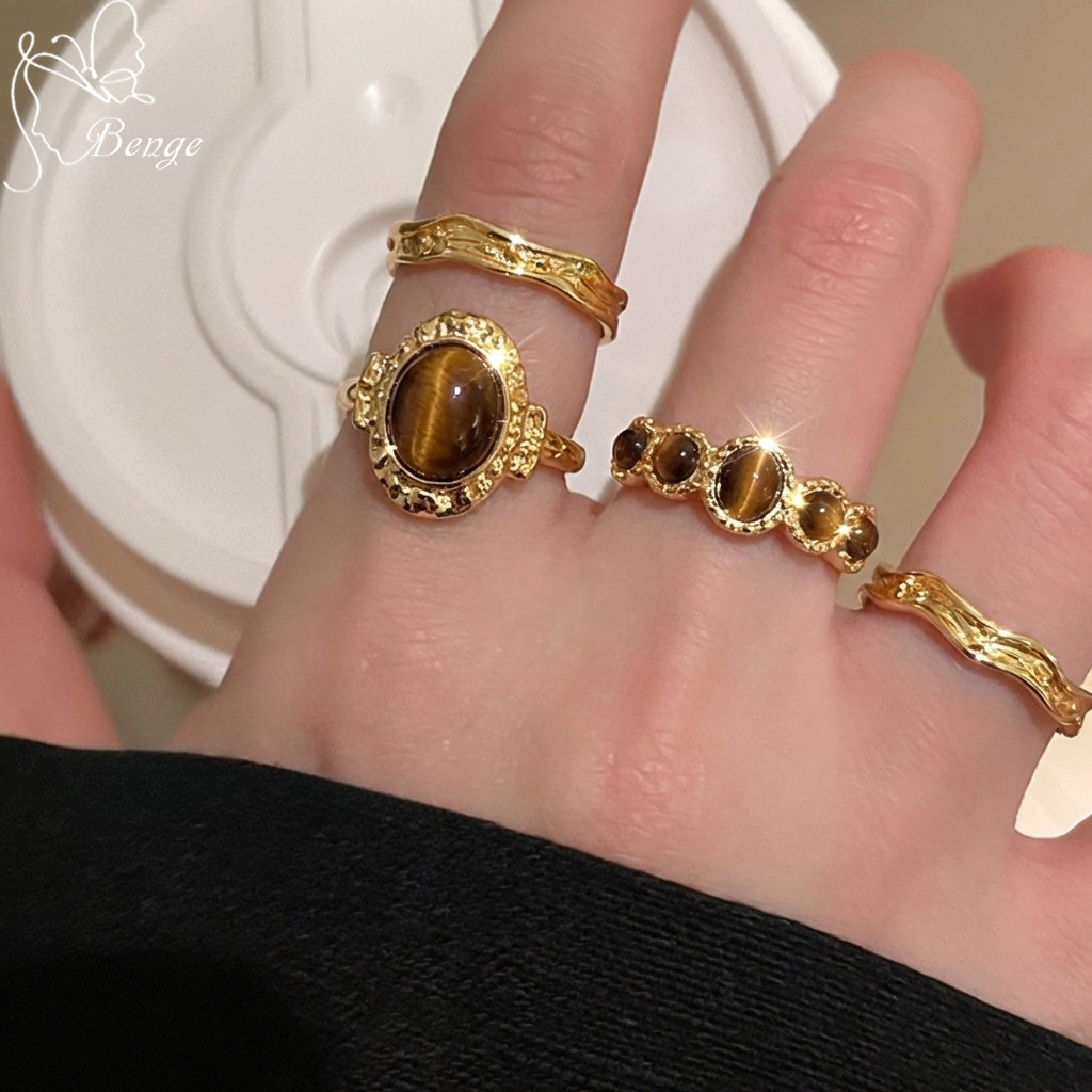 Benge Vintage Tigre Olho Ajustável Anel Aberto Conjunto Boho Empilhável Pedra Jóias Y2K Presente Exclusivo Para Mulheres