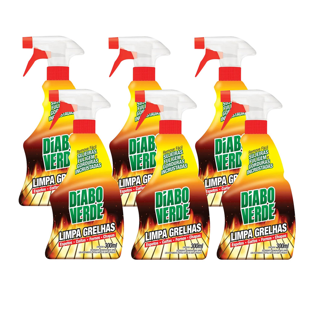 Kit C/ 6 Limpa Grelha Spray Diabo Verde 300ml Chapas Coifa Airfryer Parrilha Fogões