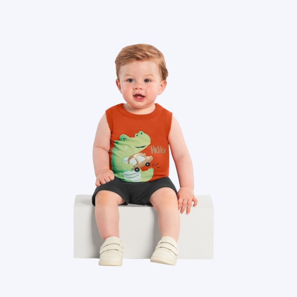 Conjunto Camiseta Regata Jacaré E Bermuda Moletinho Bebê Menino Brandili 26841 Laranja