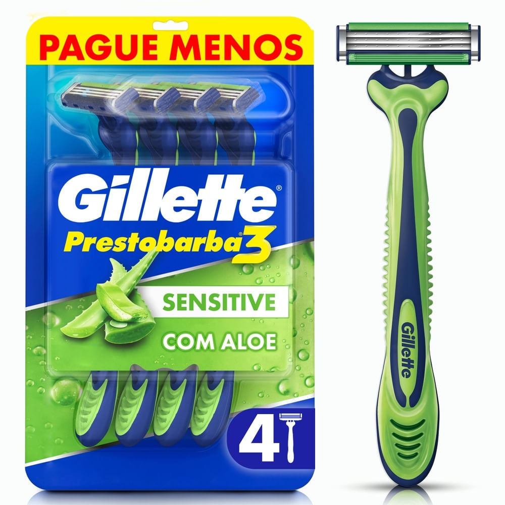 Aparelho de Barbear Gillette Prestobarba3 Sensitive Descartável com 4 Unidades