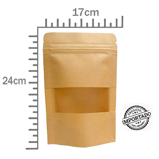 Saco Stand Up Pouch 17x24 | Papel Kraft com Visor (Janela) - Fecho Zip 50unid