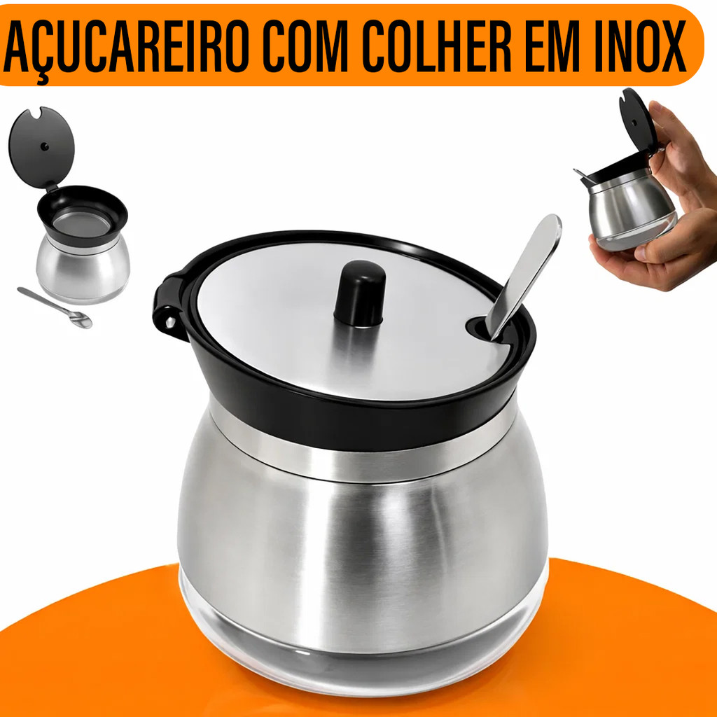 Açucareiro Inox e Vidro com Tampa e Colher Yab em Oferta na Shopee