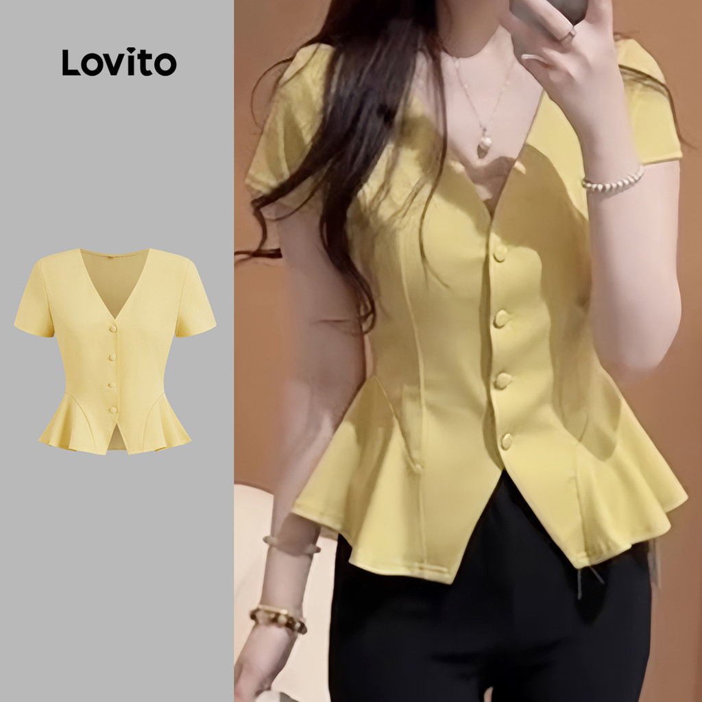 Lovito Blusa Casual de Botão Frente Dividida Frente Primavera/verão Blusa Amarela para Mulheres L142ED617 em Oferta na Shopee