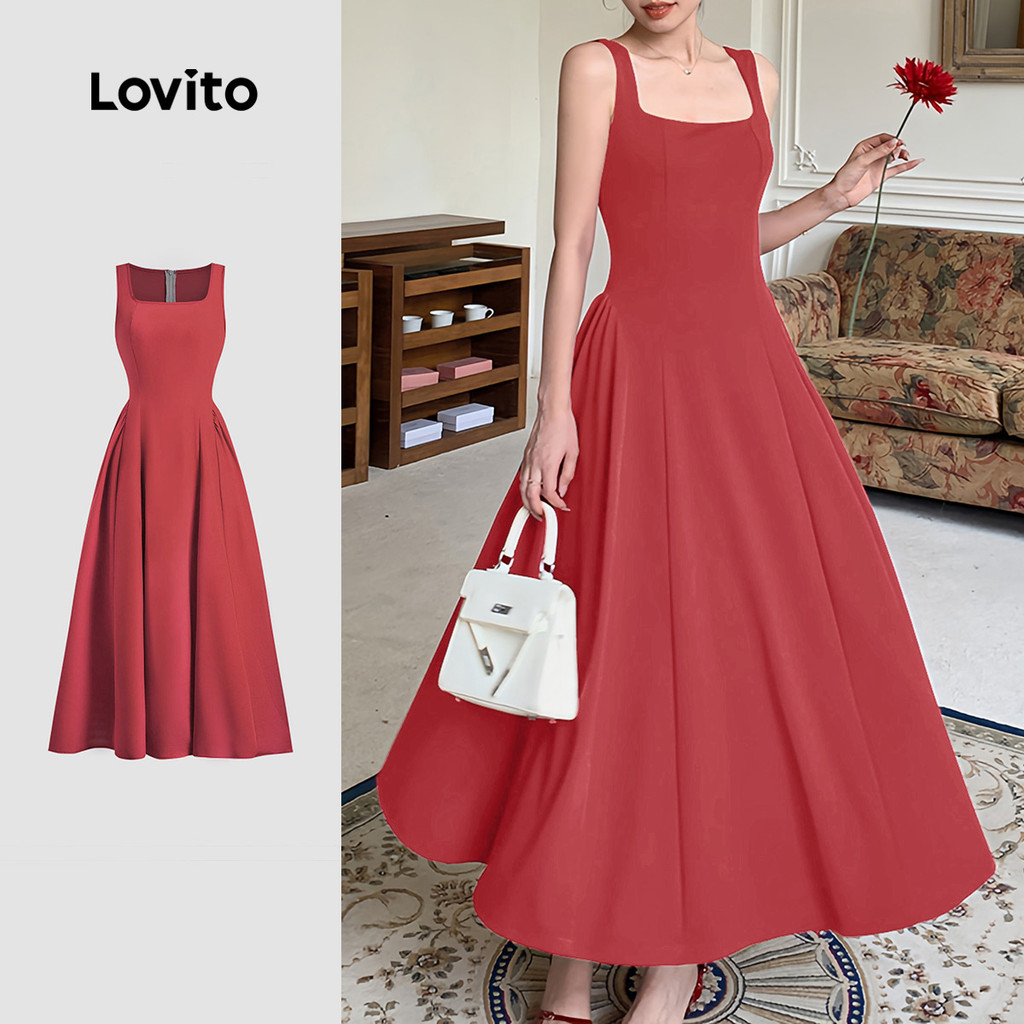Lovito Vestido Elegante Plissado Primavera/Verão Vermelho Vestido Evangélico para Festa de Natal Mulheres LBL29083
