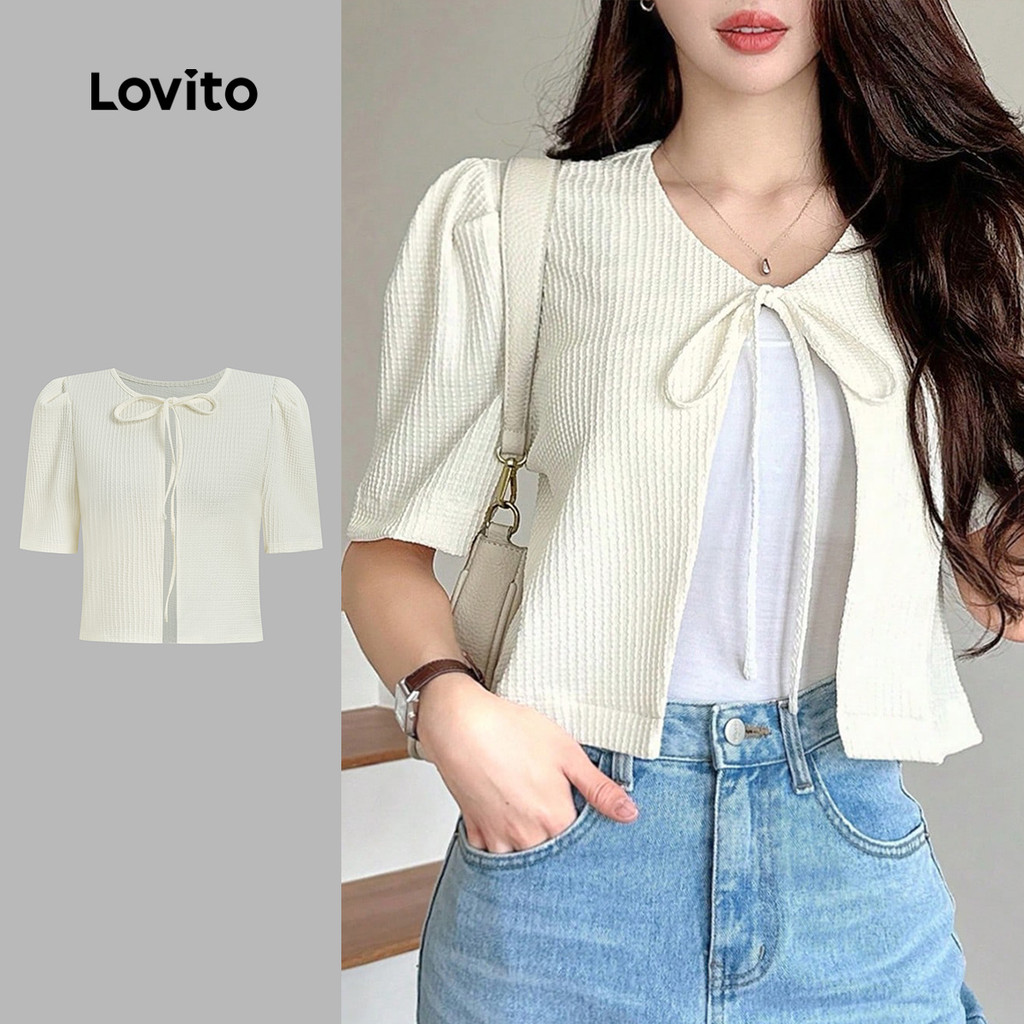 Lovito  Blusa Casual Amarrar Frente Plissada Primavera/verão Blusa de Damasco para Mulheres. L172ED984 em Oferta na Shopee