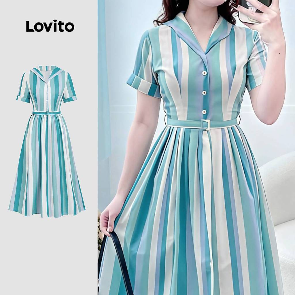 Lovito  Vestido Casual Geométrico Azul Primavera/verão para Mulheres L171ED074 em Oferta na Shopee