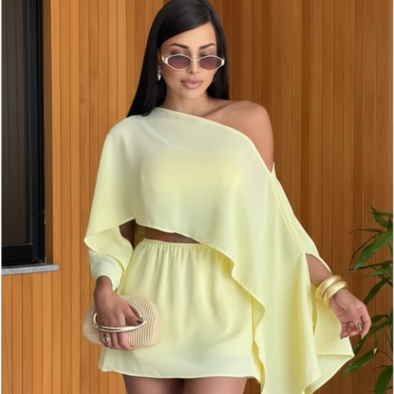 Conjunto 3 Peças – Short Saia com Cropped e Blusa Capa No Tecido Duna | Elegante, Moderno E Casual.l.