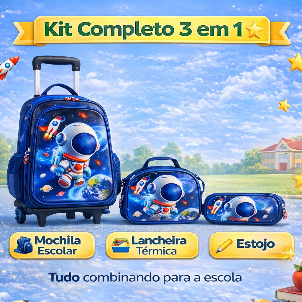 Conjunto Escolar Infantil Mochila com Carrinho Lancheira Estojo Astronauta