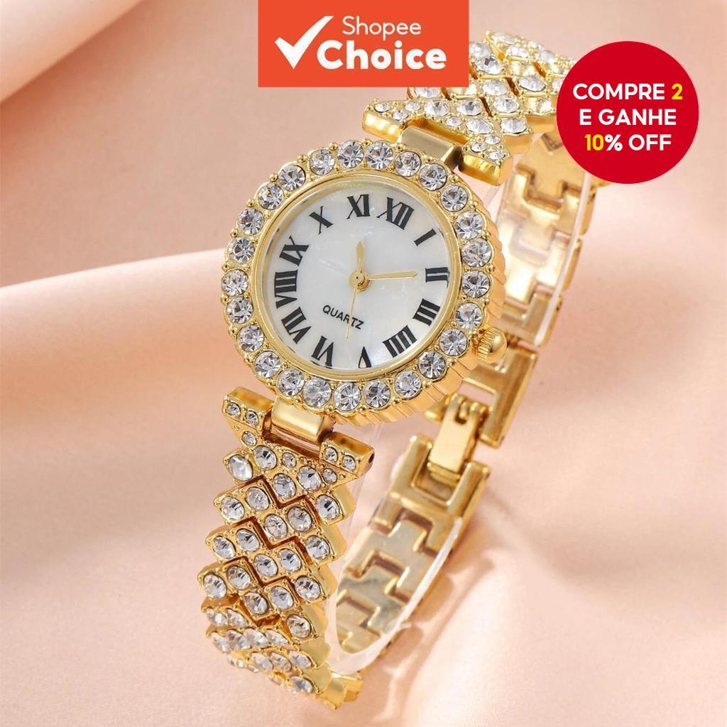 Relógio De Quartzo Feminino Glamouroso Com Incrustações De Diamantes + Combinação De Pulseira