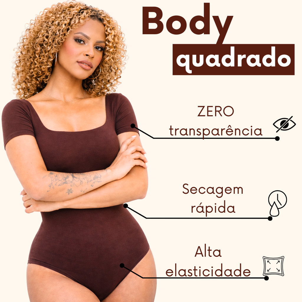 Body Feminino Manga Curta Collant Suplex Decote Quadrado Forrado Confortável, Casual e Elegante