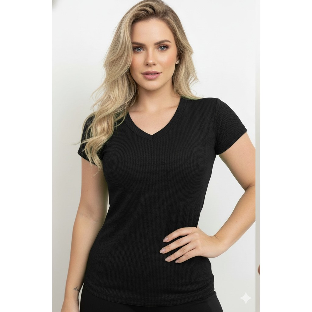 blusa feminina gola V academia ginastica exercício manga curta top bem