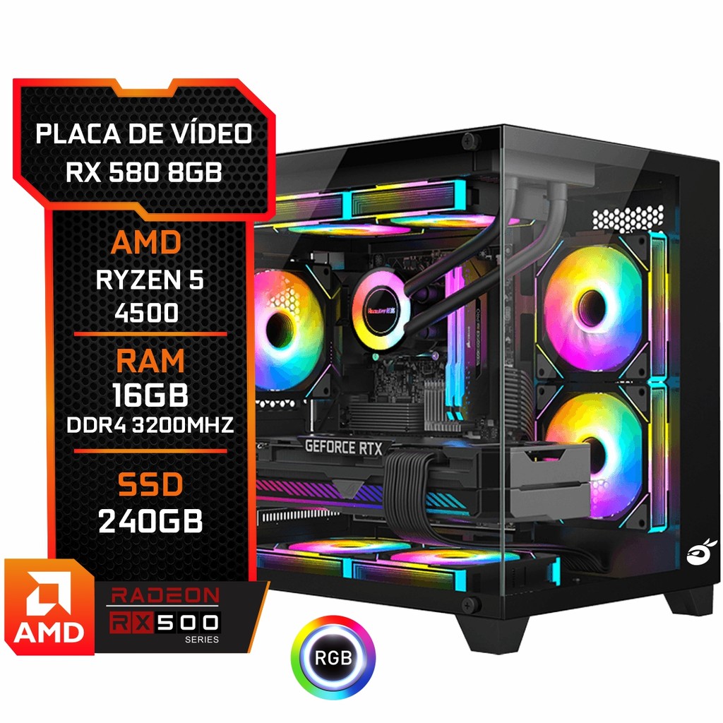Pc Gamer RX 580 8GB, AMD Ryzen 5 4500, 16GB DDR4, SSD 240GB