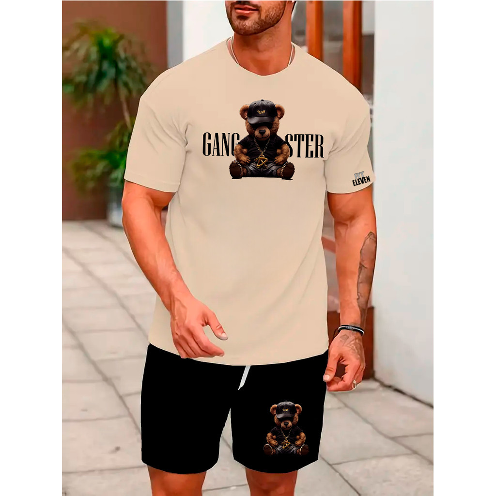 Kit Conjunto Gangster Camiseta Masculina 100% Algodão + Bermuda Tactel Lançamento Estampada Urso Badboy  Confortavel