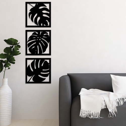 03 Quadros Costela De Adão 30x30 - MDF preto