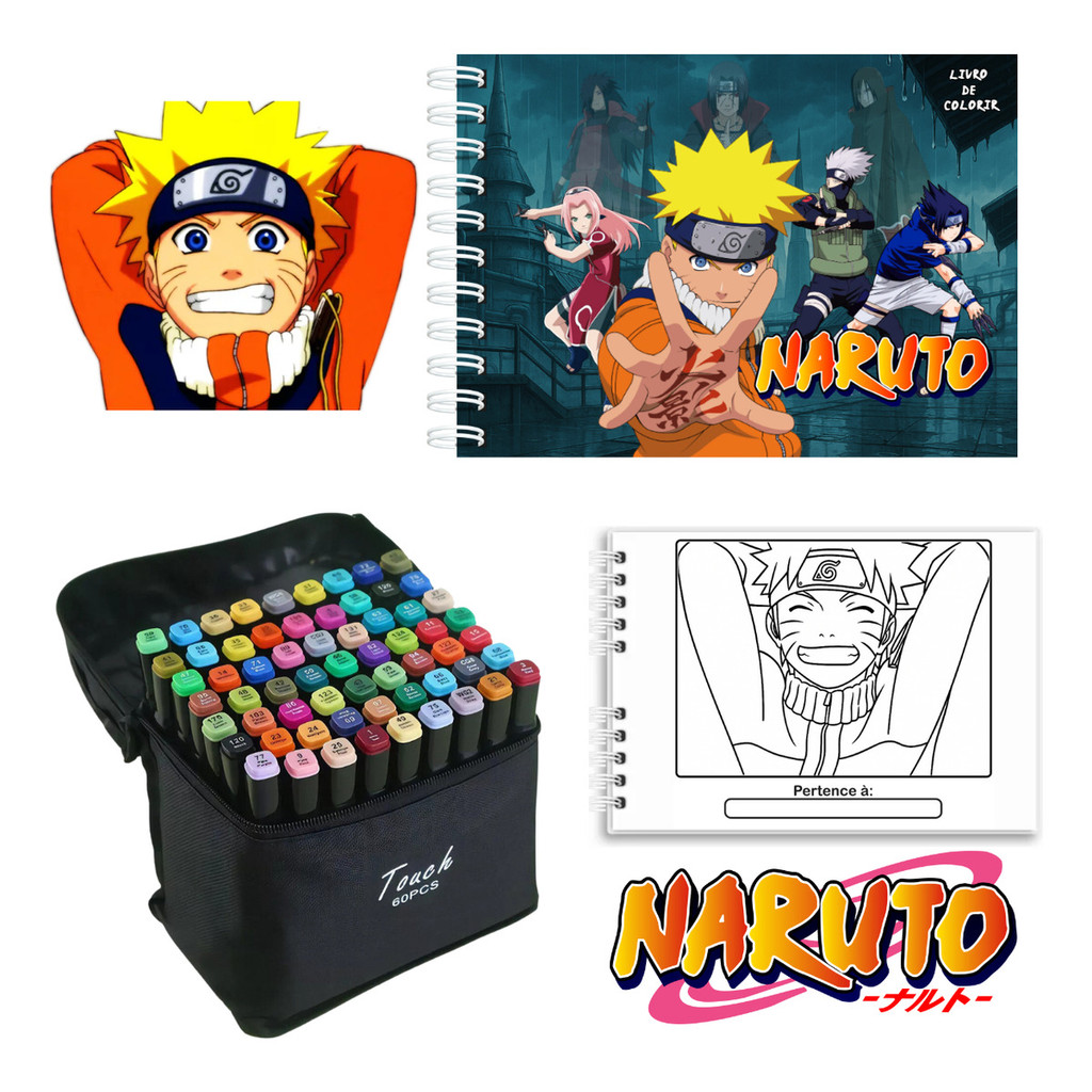 Kit Livro De Colorir Naruto Com Canetas Marcador Ponta Dupla 60 Cores Capa Dura 50 Páginas 180g A5